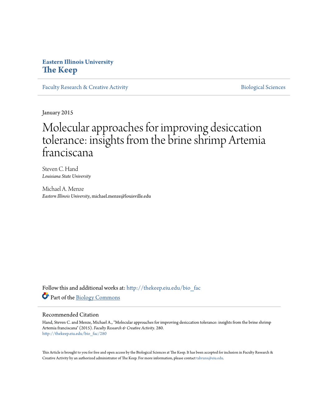 Molecular Approaches for Improving Desiccation Tolerance: Insights from the Brine Shrimp Artemia Franciscana Steven C