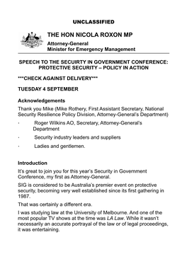 THE HON NICOLA ROXON MP Attorney-General Minister for Emergency Management