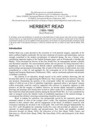 HERBERT READ (1893–1968) David Thistlewood1