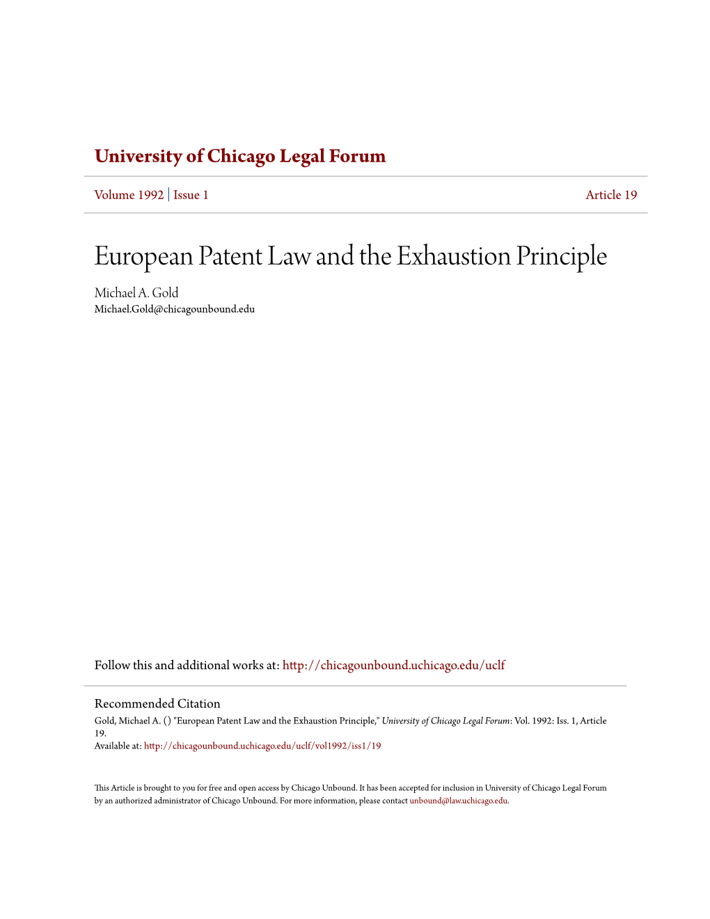 European Patent Law and the Exhaustion Principle Michael A