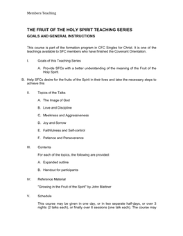The Fruit of the Holy Spirit Teaching Series Goals and General Instructions
