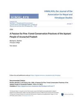 A Passion for Pine: Forest Conservation Practices of the Apatani People of Arunachal Pradesh