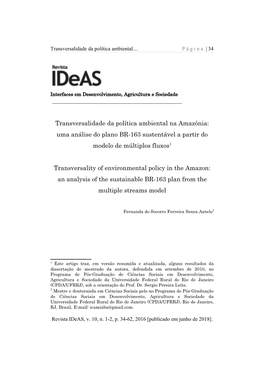 Transversalidade Da Política Ambiental Na Amazônia: Uma Análise Do Plano BR-163 Sustentável a Partir Do Modelo De Múltiplos Fluxos1