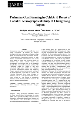 Pashmina Goat Farming in Cold Arid Desert of Ladakh: a Geographical Study of Changthang Region