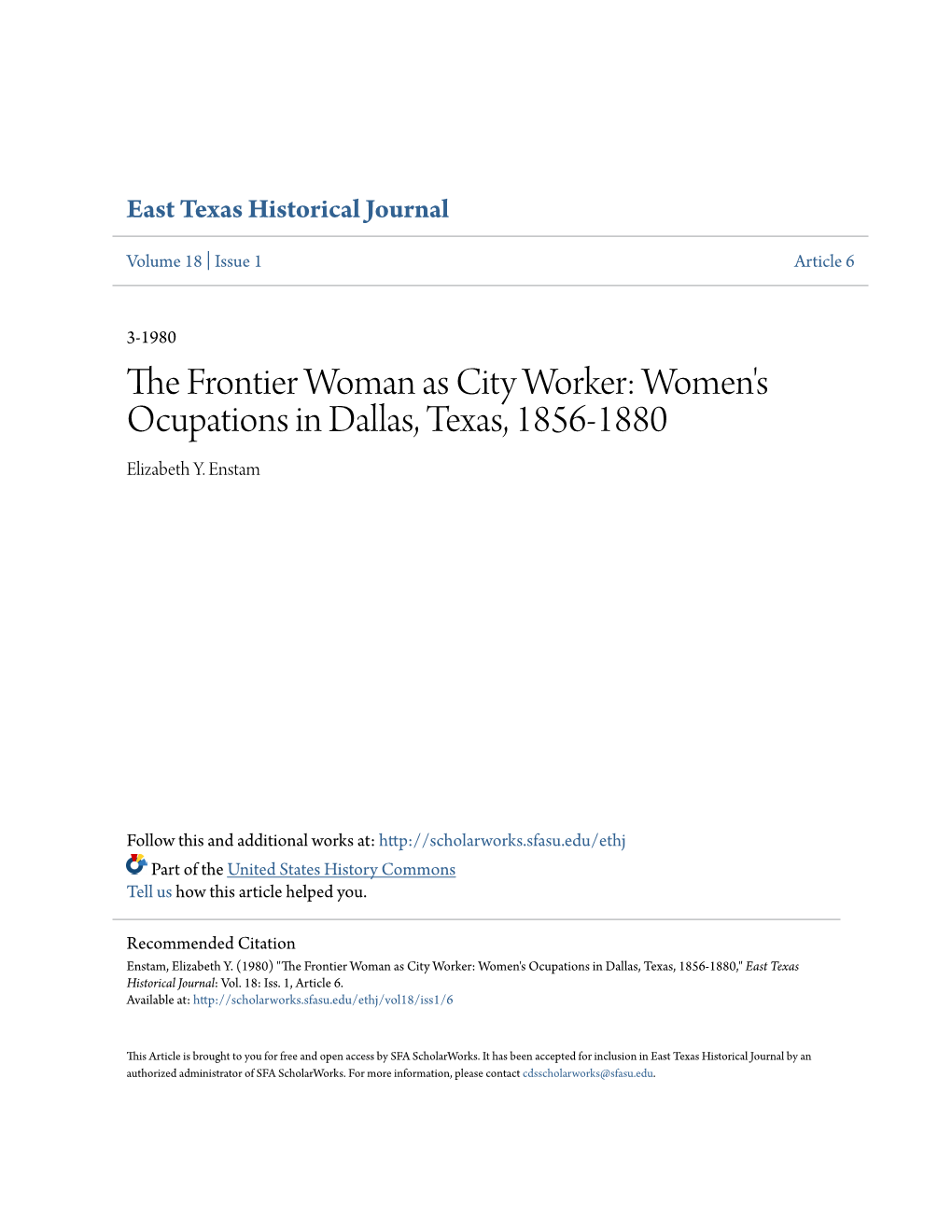Women's Ocupations in Dallas, Texas, 1856-1880 Elizabeth Y