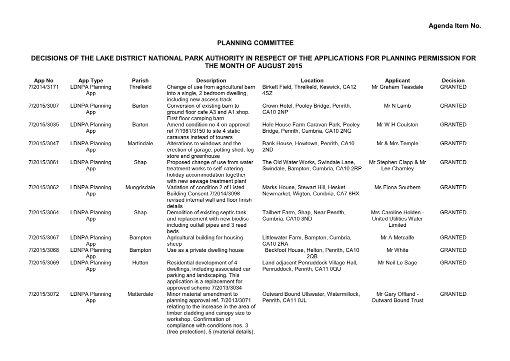 Agenda Item No. PLANNING COMMITTEE DECISIONS of THE