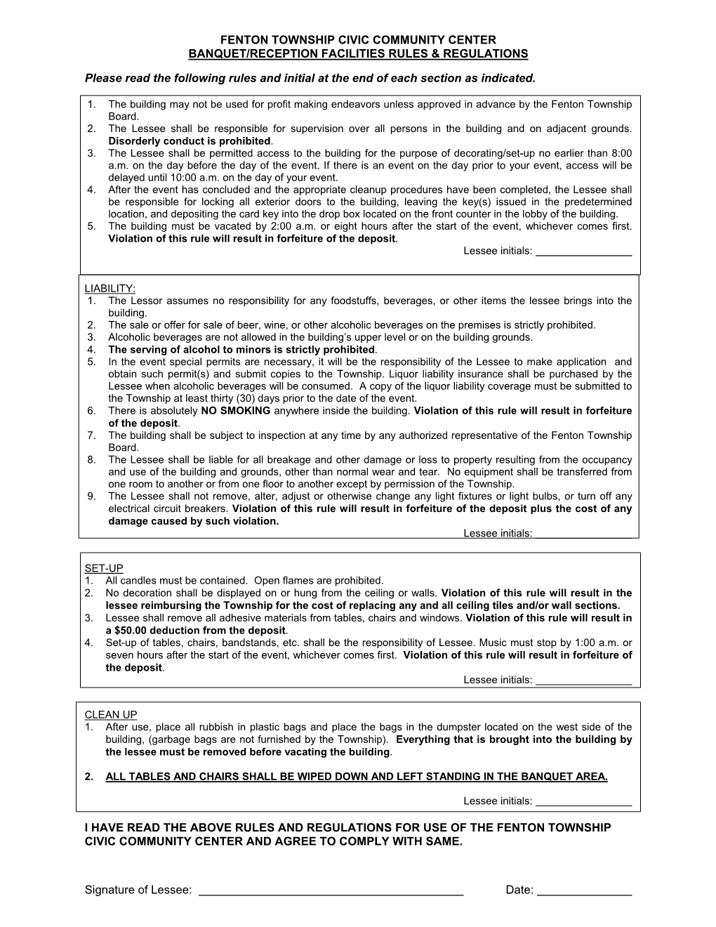 Banquet/Reception Facilities Rules & Regulations