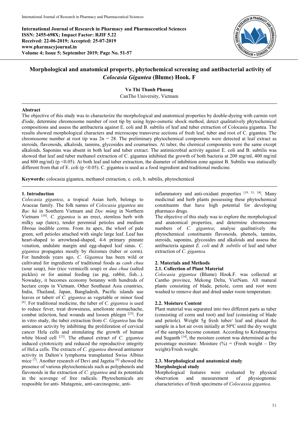 Morphological and Anatomical Property, Phytochemical Screening and Antibacterial Activity of Colocasia Gigantea (Blume) Hook