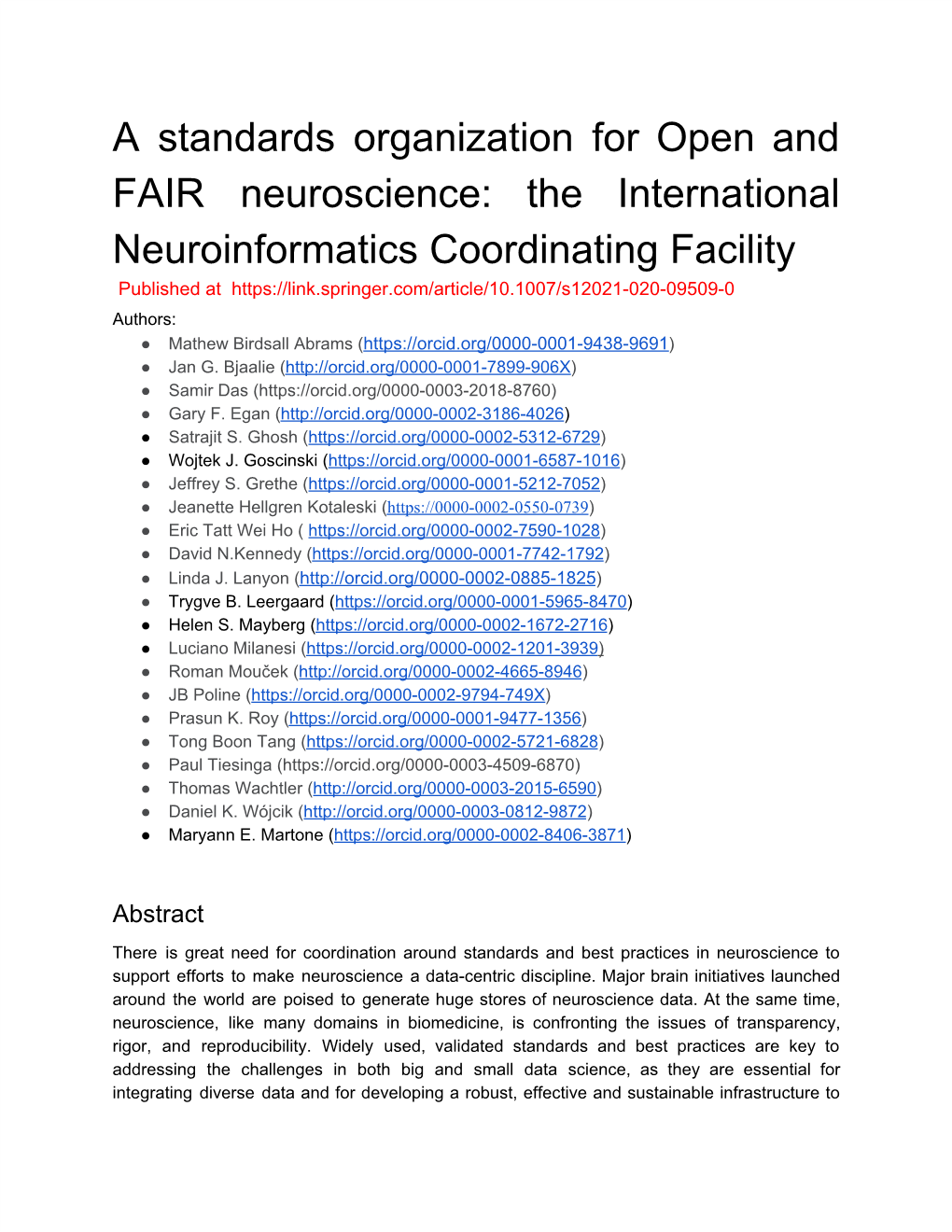 A Standards Organization for Open and FAIR Neuroscience