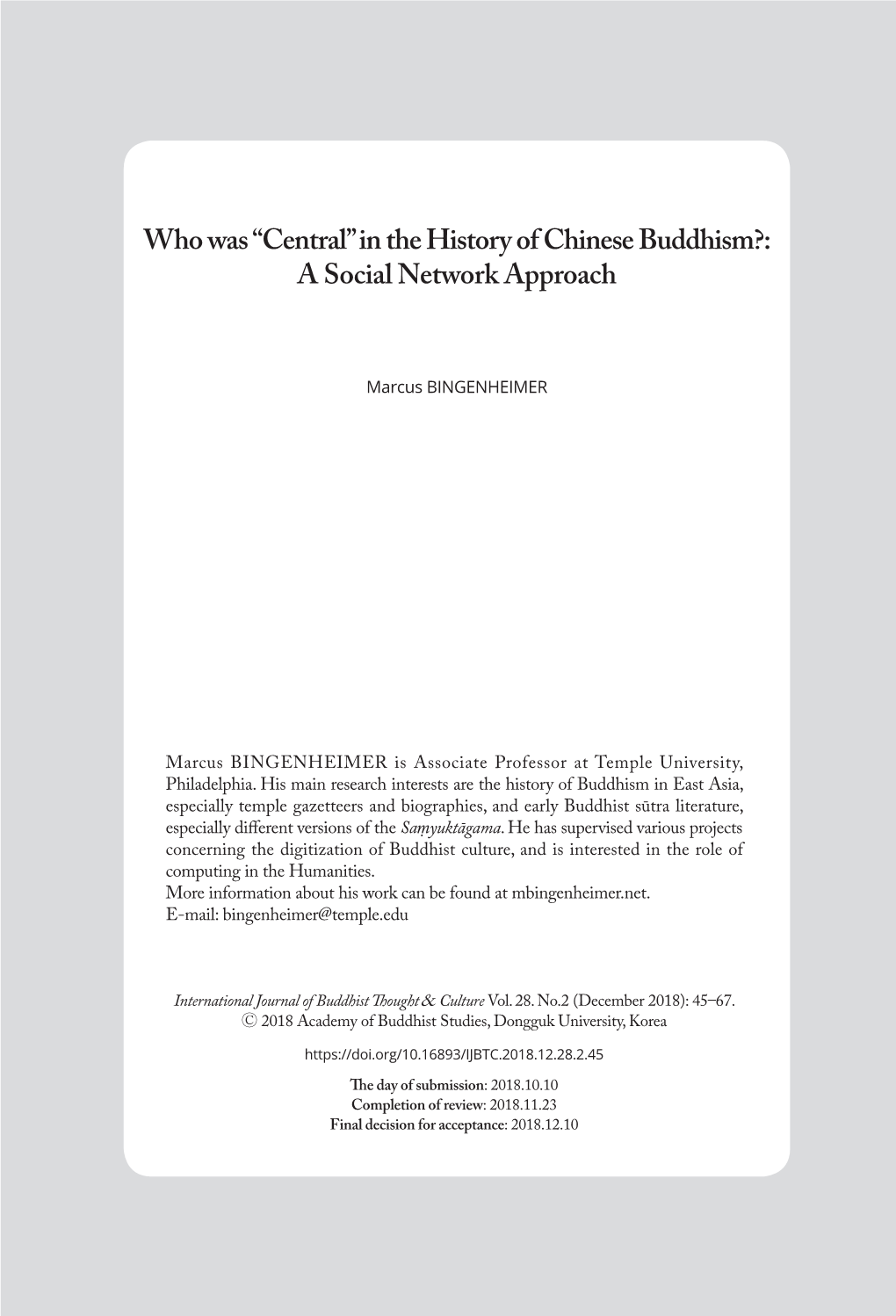 Who Was “Central” in the History of Chinese Buddhism?: a Social Network Approach