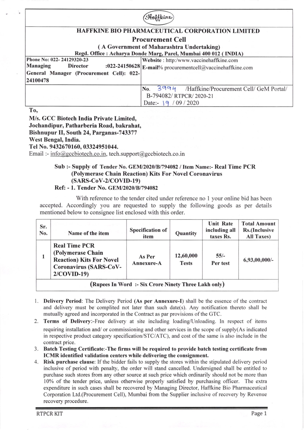 Managing Director Fi22-24150628 E-Mail% Procurementcel L@Vaccinehaffkine.Com General Manager (Procurement Cell): 022- 24100478 No