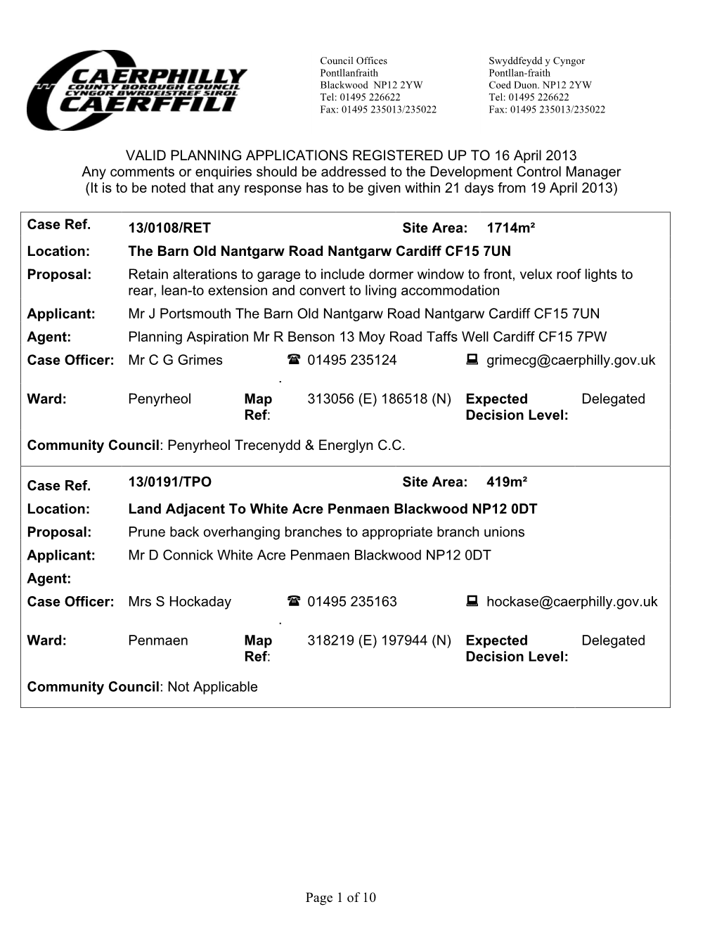 Page 1 of 10 VALID PLANNING APPLICATIONS REGISTERED UP