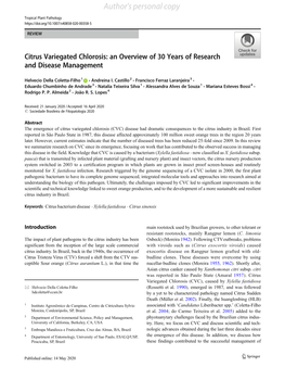 Citrus Variegated Chlorosis: an Overview of 30 Years of Research and Disease Management