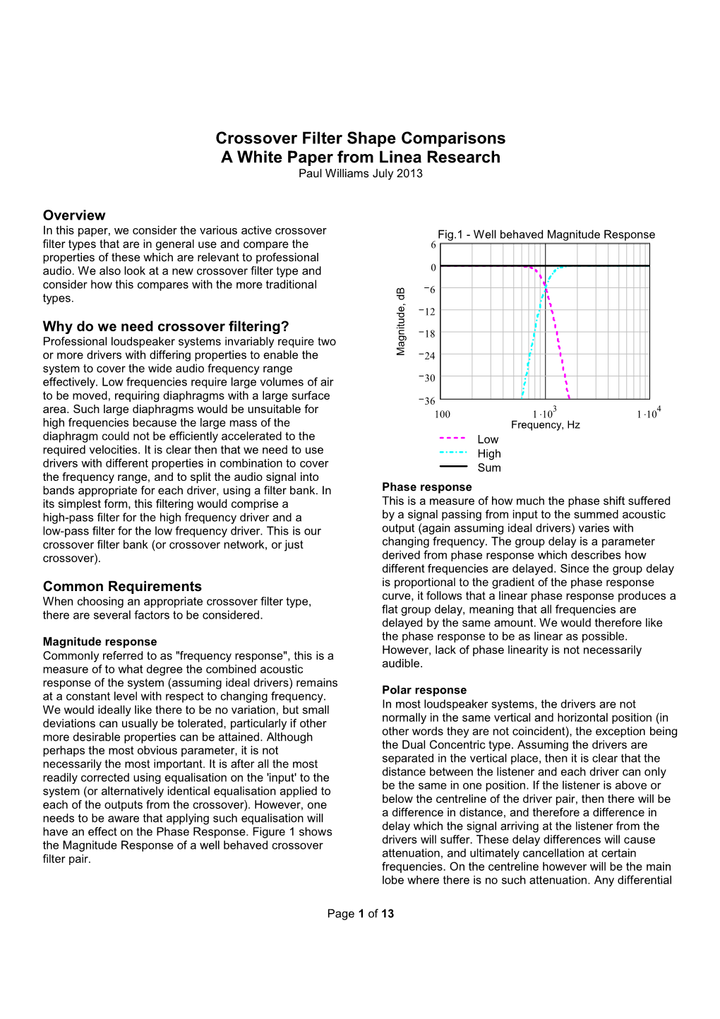 Crossover Filter Shape Comparisons a White Paper from Linea Research Paul Williams July 2013