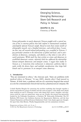 Emerging Science, Emerging Democracy: Stem Cell Research and Policy in Taiwan