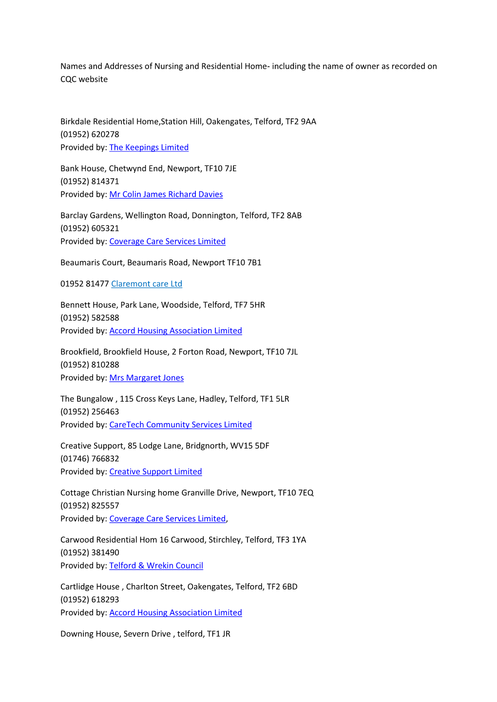 Names and Addresses of Nursing and Residential Home- Including the Name of Owner As Recorded on CQC Website