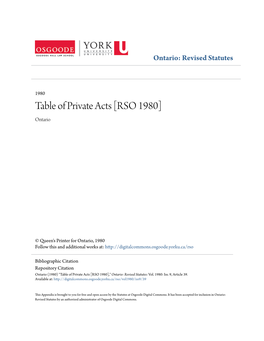 Table of Private Acts [RSO 1980] Ontario
