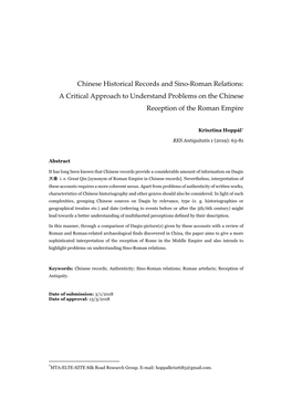 Chinese Historical Records and Sino-Roman Relations: a Critical Approach to Understand Problems on the Chinese Reception of the Roman Empire