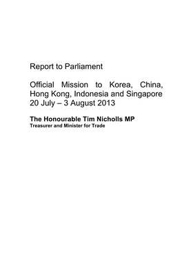 Report to Parliament Official Mission to Korea, China, Hong Kong