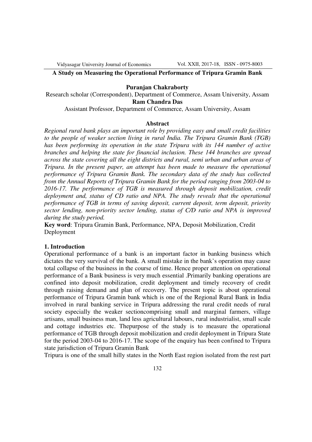 A Study on Measuring the Operational Performance of Tripura Gramin Bank