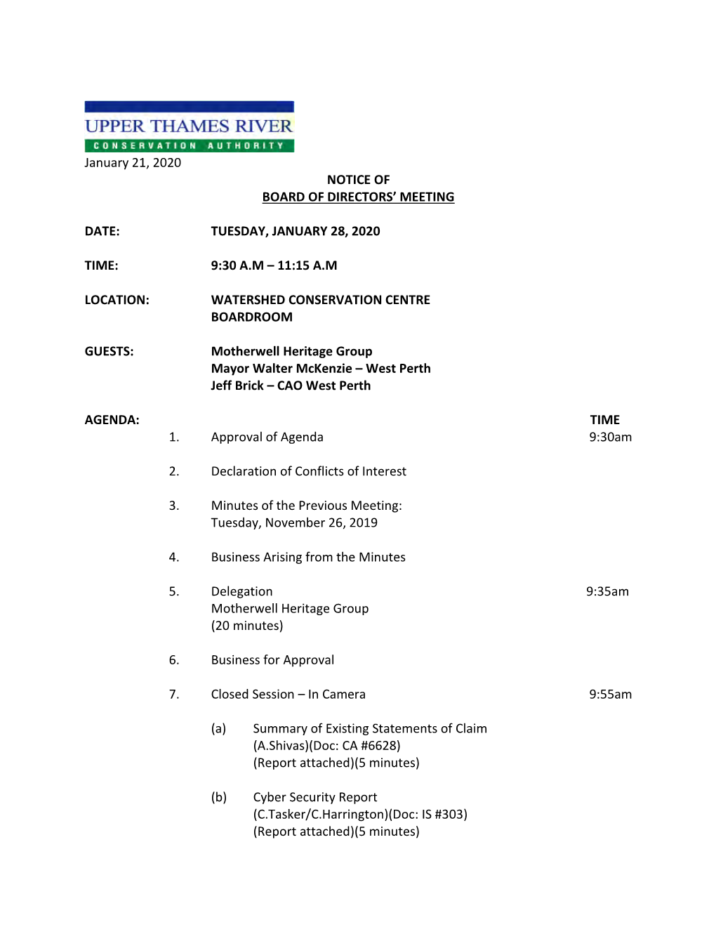 January 21, 2020 NOTICE of BOARD of DIRECTORS' MEETING DATE