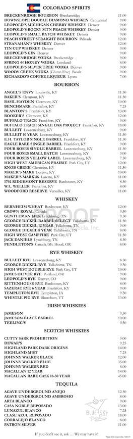 Colorado Spirits Bourbon Whiskey Rye Whiskey Irish