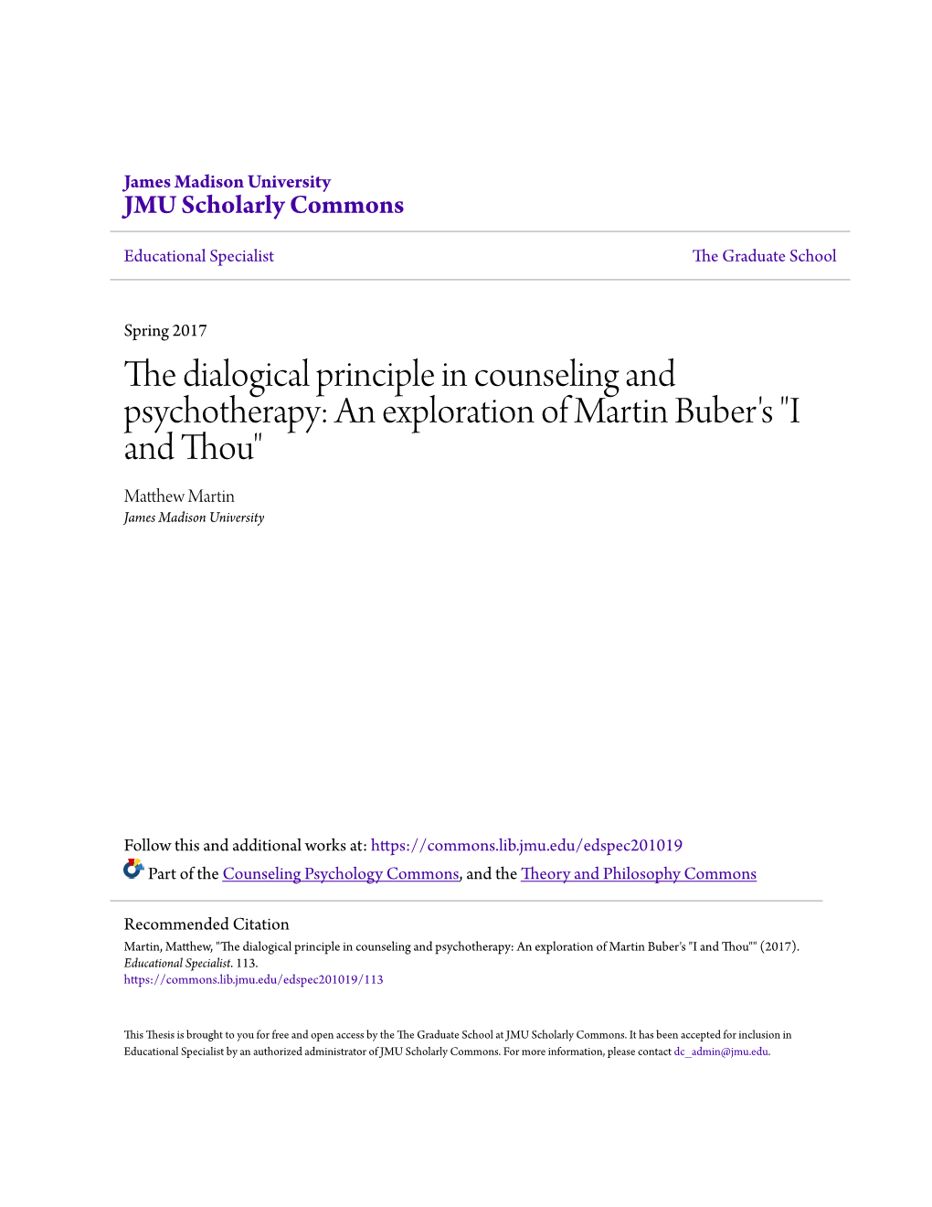 The Dialogical Principle in Counseling and Psychotherapy: an Exploration of Martin Buber's 