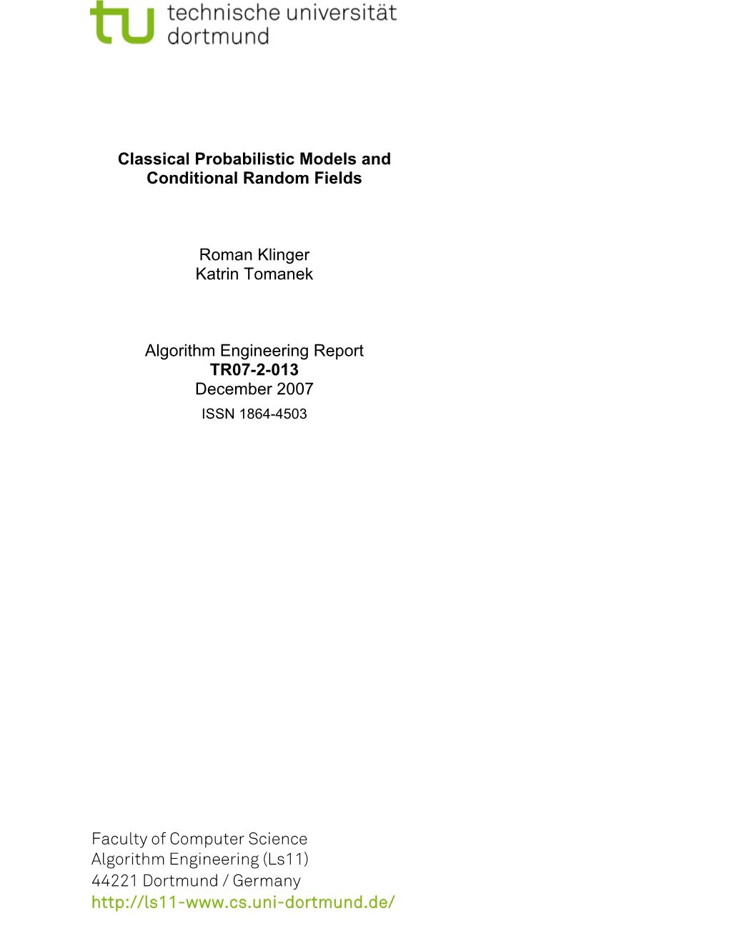 Classical Probabilistic Models and Conditional Random Fields