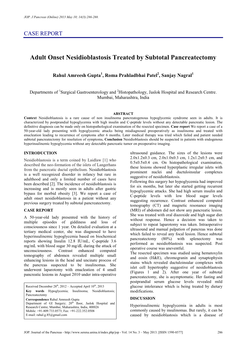 Adult Onset Nesidioblastosis Treated by Subtotal Pancreatectomy
