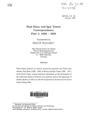 Paul Dirac and Igor Tamm Correspondence; 1, 1928-1933
