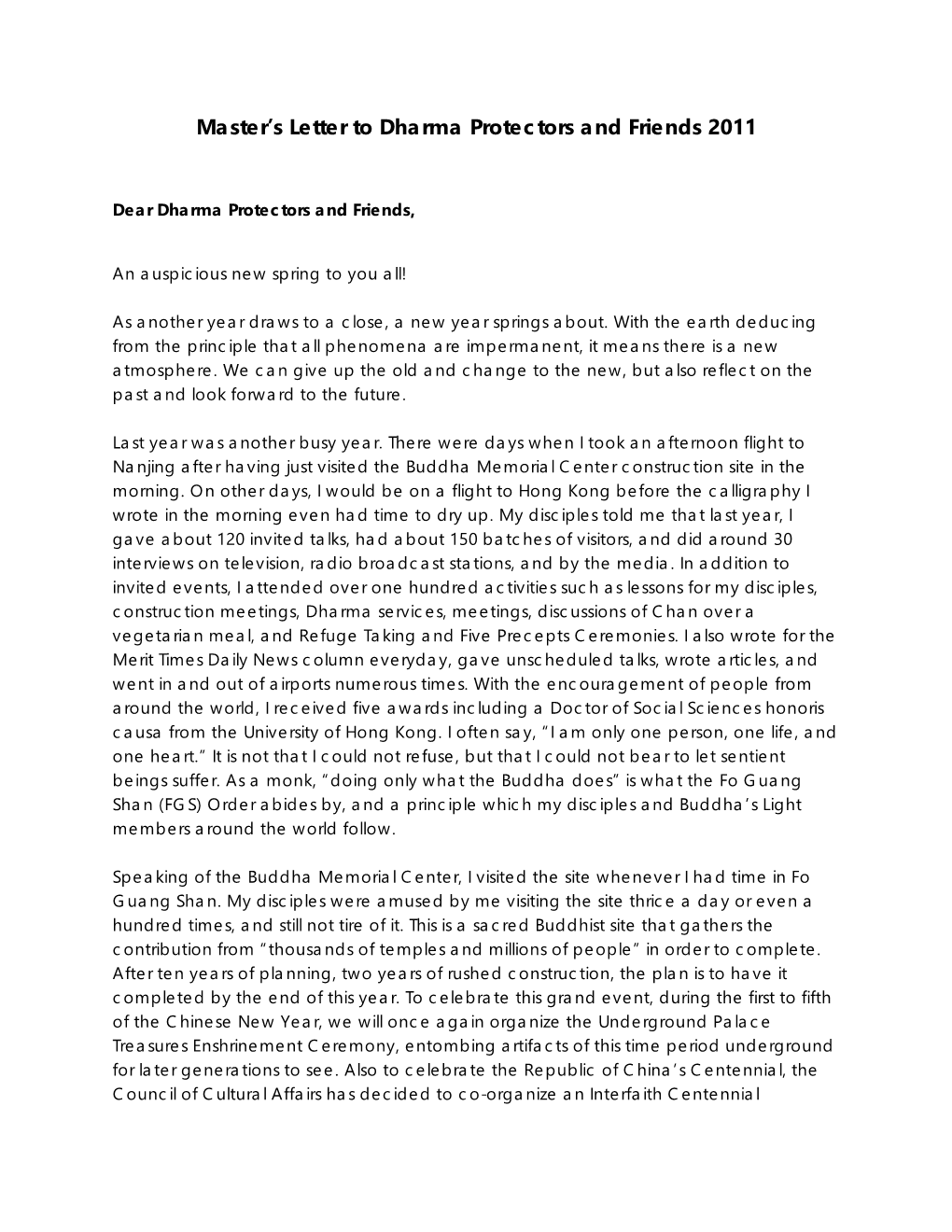 Master's Letter to Dharma Protectors and Friends 2011