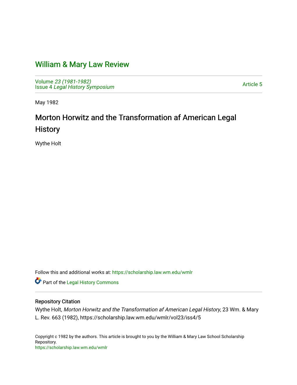 Morton Horwitz and the Transformation Af American Legal History