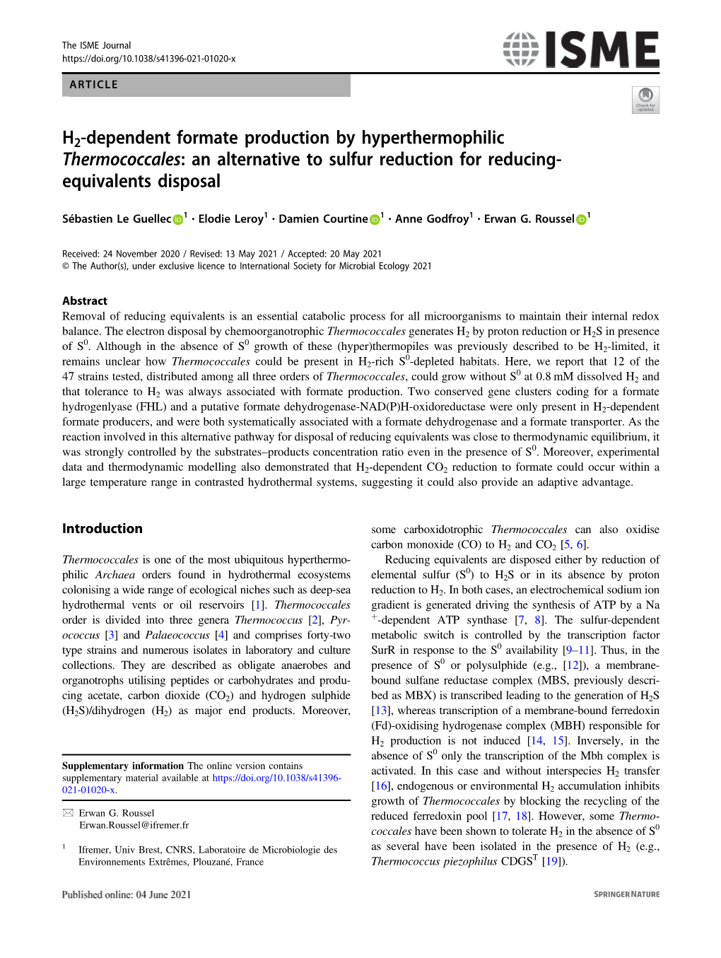 H2-Dependent Formate Production by Hyperthermophilic Thermococcales: an Alternative to Sulfur Reduction for Reducing- Equivalents Disposal