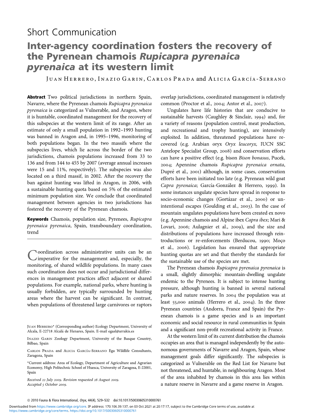Inter-Agency Coordination Fosters the Recovery of the Pyrenean Chamois Rupicapra Pyrenaica Pyrenaica at Its Western Limit