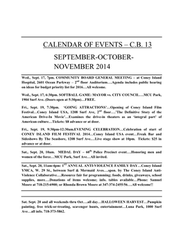 Calendar of Events – Cb 13 September-October