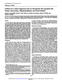 Evidence for a Tumor Suppressor Gene on Chromosome 19Q Associated with Human Astrocytomas, Oligodendrogliomas, and Mixed Gliomas1