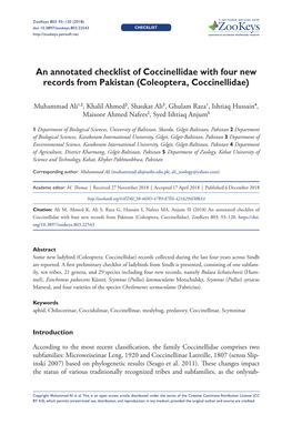An Annotated Checklist of Coccinellidae with Four New Records from Pakistan (Coleoptera, Coccinellidae)