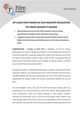 Bfi Leads First Major Uk Film Industry Delegation on Trade Mission to Beijing