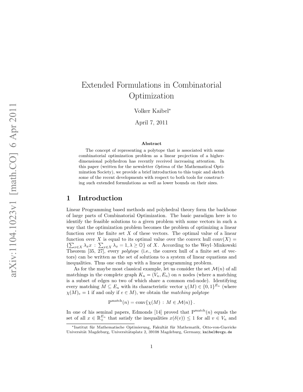 Extended Formulations in Combinatorial Optimization