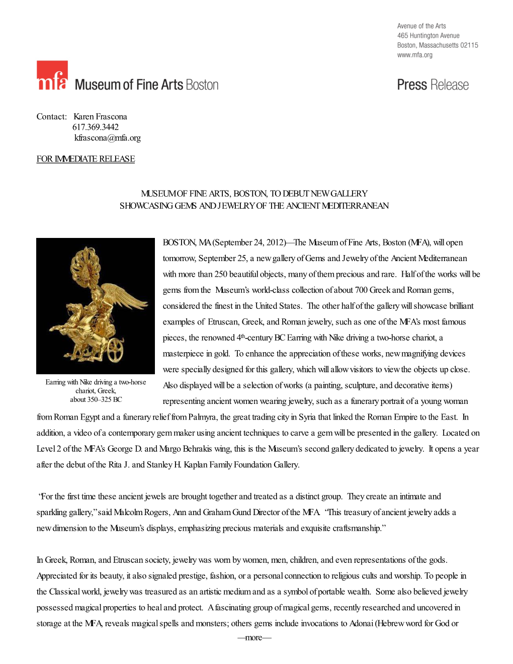 MFA Boston, Museum to Unveil Gems and Jewelry of the Ancient Mediterranean Gallery, Press Release, P