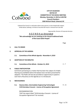 COMMITTEE of the WHOLE MEETING Monday, November 4, 2019 at 6:00 PM Council Chambers 3300 Wishart Road, Colwood, BC