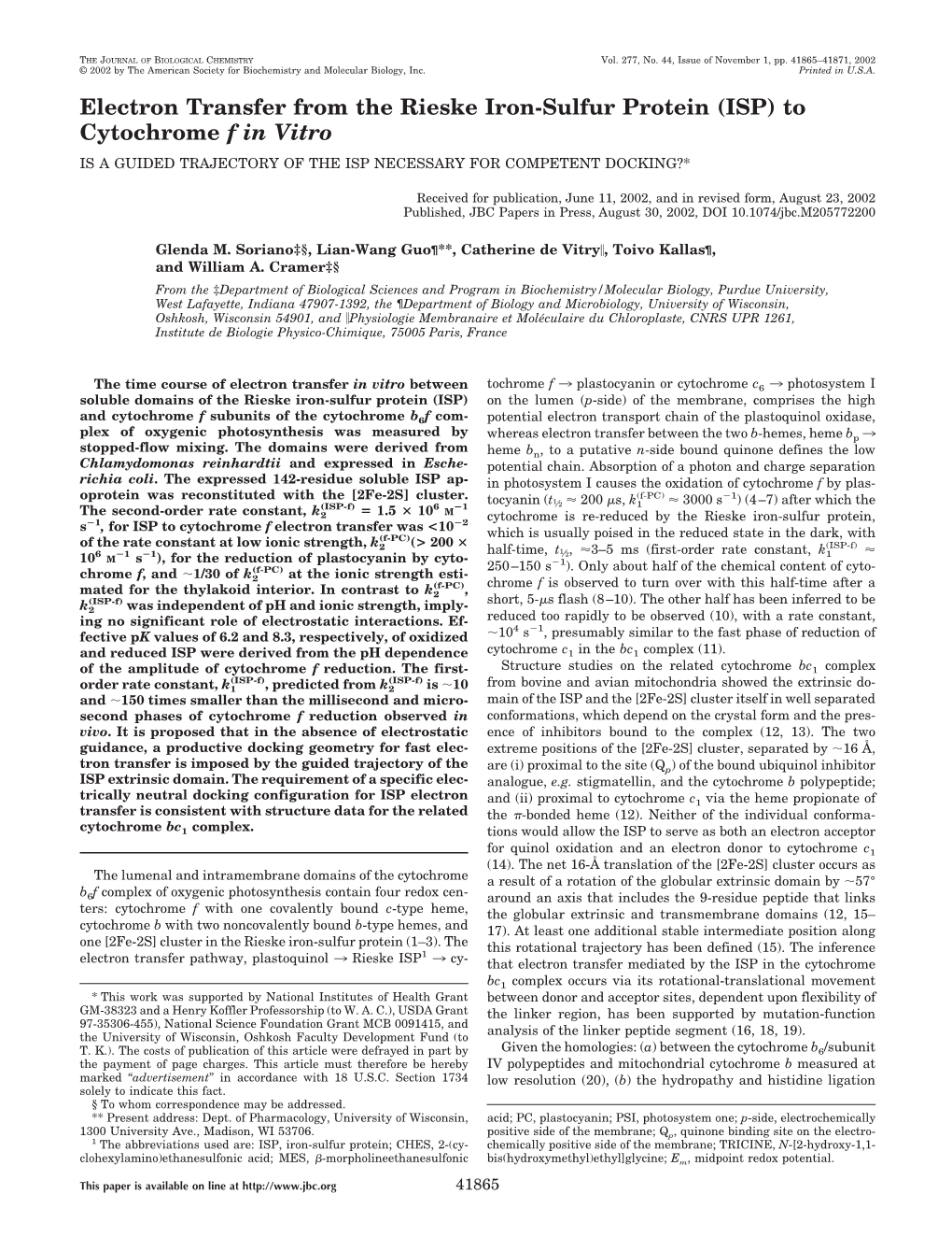 Electron Transfer from the Rieske Iron-Sulfur Protein to Cytochrome F In