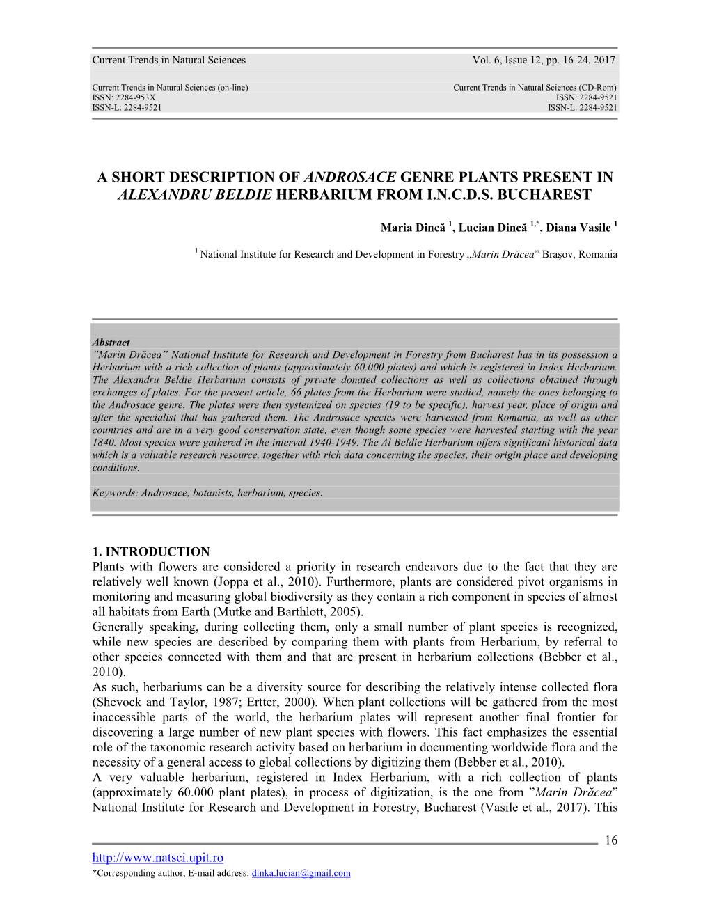 A Short Description of Androsace Genre Plants Present in Alexandru Beldie Herbarium from I.N.C.D.S