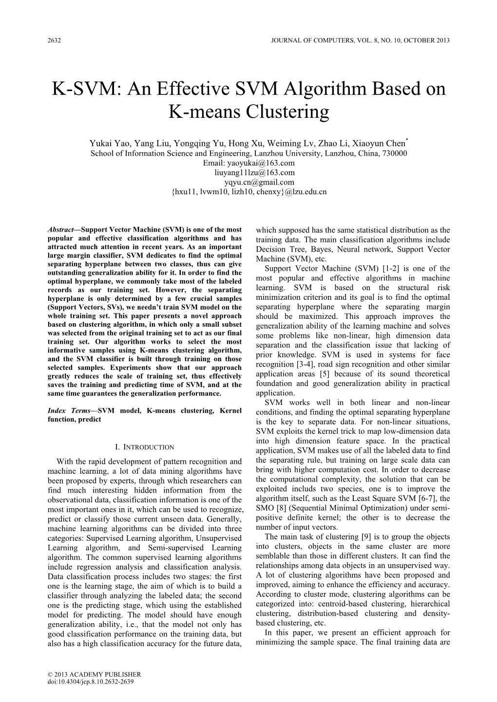 An Effective SVM Algorithm Based on K-Means Clustering