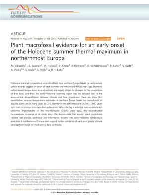 Plant Macrofossil Evidence for an Early Onset of the Holocene Summer Thermal Maximum in Northernmost Europe
