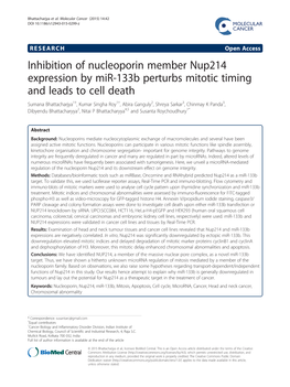 Inhibition of Nucleoporin Member Nup214 Expression by Mir-133B