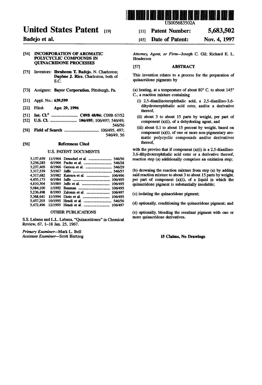 United States Patent 19 11 Patent Number: 5,683,502 Badejo Et Al