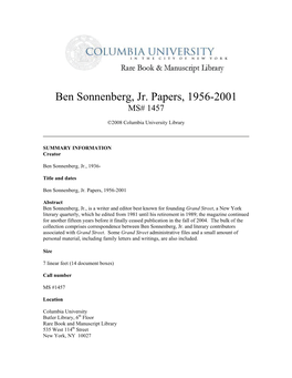 Ben Sonnenberg, Jr. Papers, 1956-2001 MS# 1457