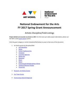 National Endowment for the Arts FY 2017 Spring Grant Announcement