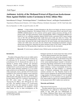 Antitumor Activity of the Methanol Extract of Hypericum Hookerianum Stem Against Ehrlich Ascites Carcinoma in Swiss Albino Mice